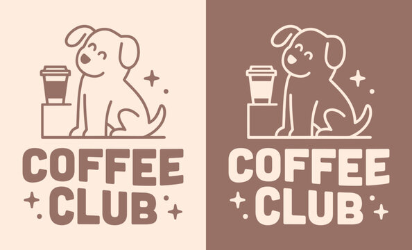 Coffee club dog lovers kawaii groovy Korean Japanese aesthetic pet friendly cafe logo. Takeaway cup cute puppy retro vintage illustration printable text poster sign girl women shirt design vector.