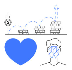 Coin stacks with upward trend, blue heart, and geometric face recognition grid. Ideal for finance, growth, investment, technology, emotions artificial intelligence personal connections. Flat simple