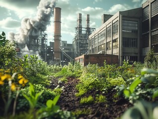 Obraz premium Abandoned Industrial Site With Overgrown Vegetation and Pollution