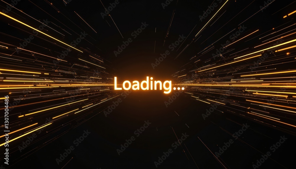 Poster digital tech background with orange glowing lines. word loading on screen. data load graphic concept