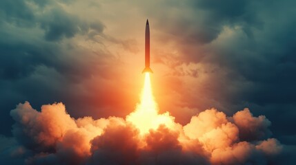 Dramatic Rocket Launch Against Stormy Sky with Fiery Blast and Thick Clouds in a Stunning Display of Power