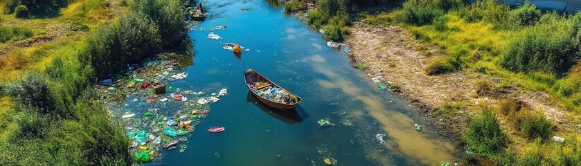 Obraz premium Pollution in River with Garbage and Boat: Environmental Concern