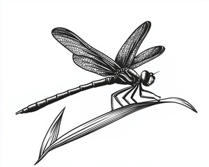 A shimmering dragonfly resting on a blade of grass, engraving and scratch board style sketch, black and white illustration