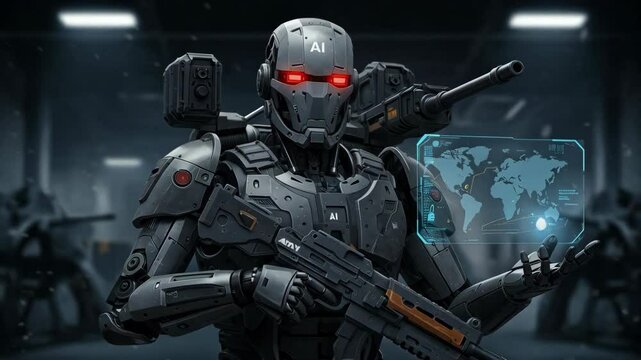 Paramilitary robot powered by Artificial Intelligence holding weapons and guns and detecting new place of attack
