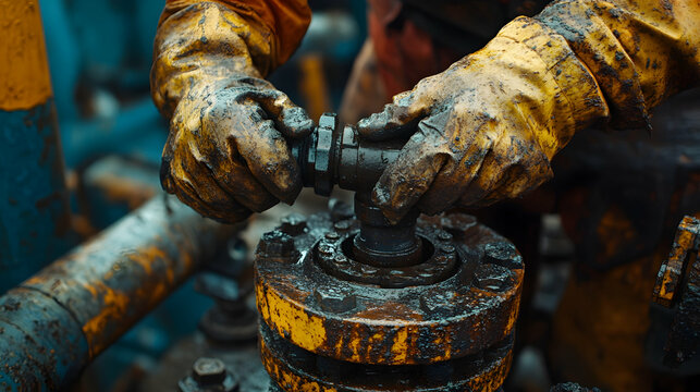 Close Up Of Oily Hands In Yellow Gloves Repairing Industrial Machinery