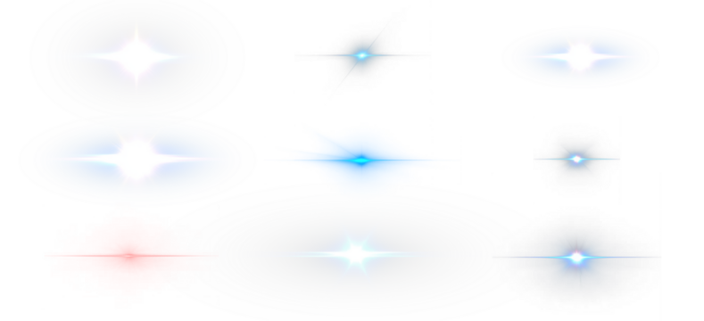 Png blue light effect reflections, neon illumination in yellow colors. Bright light lens. Png spotlight spark. Stadium Lighting. Sunlight, Shiny stars, glowing sparks. Vector	