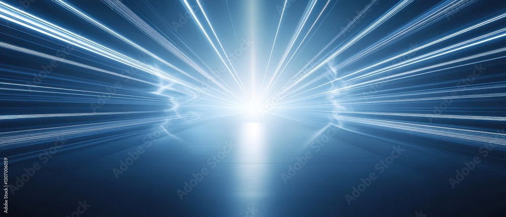 Poster abstract blue light trails converging to bright center point, creating futuristic tunnel effect conc