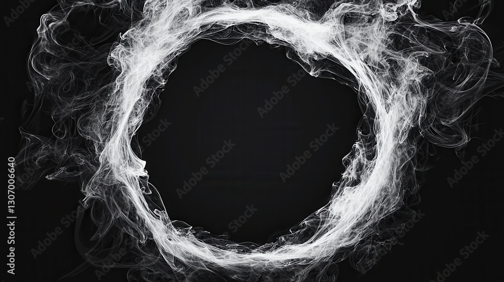 Poster circular smoke ring on black background creating an ethereal and mysterious visual effect for design