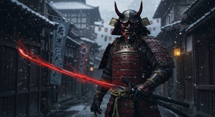 Fototapeta premium Warrior with Glowing Sword Stands in Snowy Village Street