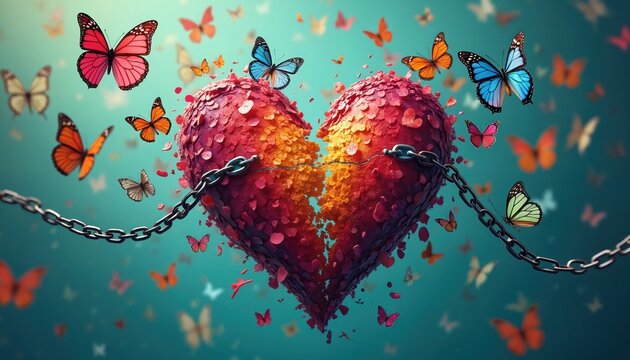 Surreal image of broken heart held by chains with vibrant butterflies flying away, freedom. Digital artwork with bold colors enhances scene. Represents escape from emotional heartache, love,