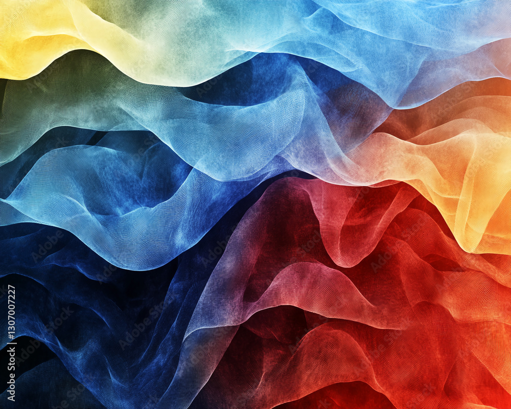 Poster Abstract image of flowing, translucent fabric in yellow, green, blue, and red hues, creating a dynamic and layered effect, showcasing fluidity and movement