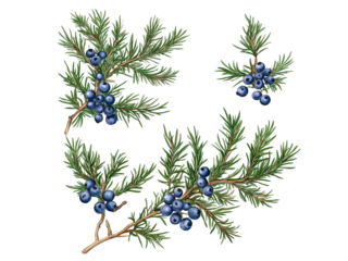 set of juniper branches with blue berries