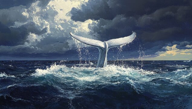 Whale tail breaching stormy ocean