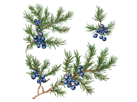 set of juniper branches with blue berries