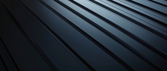 Modern dark metal roof with parallel lines and subtle light reflections creating a sleek, industrial texture and abstract architectural background