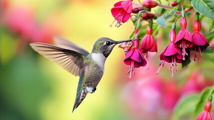 Fototapeta premium Graceful hummingbird at fuchsia flowers