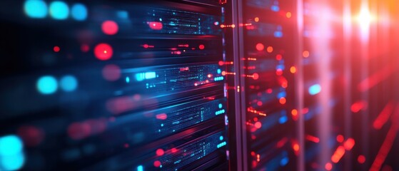 Naklejka premium Data center server racks with blue and red lights, showcasing information technology infrastructure and cloud computing hardware Concept of big data, networking, and cybersecurity