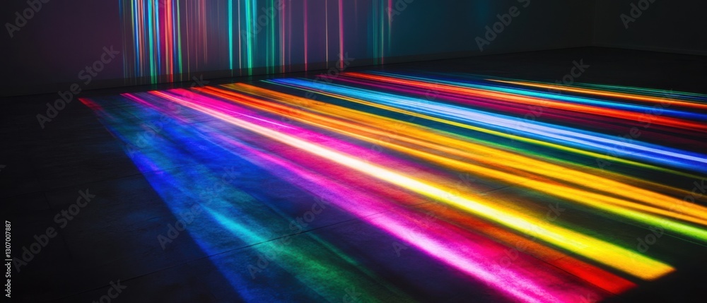 Poster abstract colorful light streaks on dark floor in empty room, creating vibrant rainbow spectrum and m