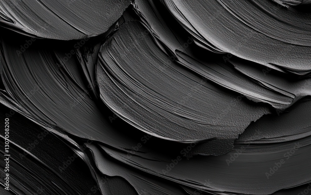 Poster a close-up view of textured black paint strokes, showcasing smooth curves and layers, emphasizing de