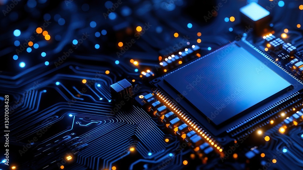 Poster a close-up image of a microchip on a circuit board, illuminated with blue and orange lights, showcas