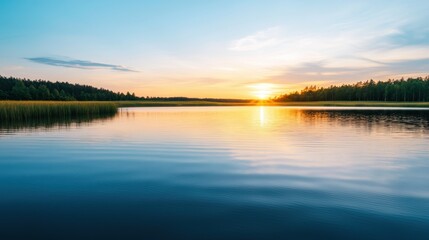 Fototapeta premium Serene Sunset Over Calm Lake Surrounded by Lush Green Forest and Clear Blue Sky Reflecting in Water