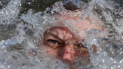 Fototapeta premium Close-up of a person's face as they swim in the water. the person appears to be in the middle of a swim, with their head above the water and their eyes closed.