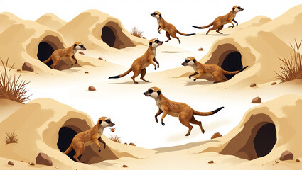 Obraz premium Chasing Meerkats in Burrows - A seamless pattern of meerkats popping out of burrows in a sandy desert.