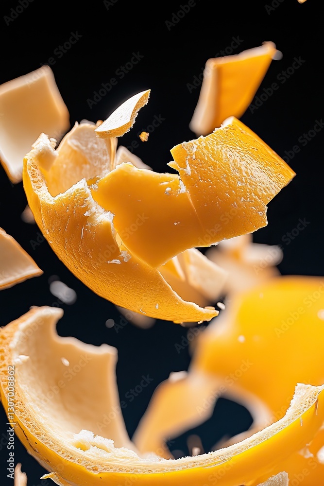 Poster a bright orange peel is suspended in the air, creating a dynamic visual with fragments floating agai
