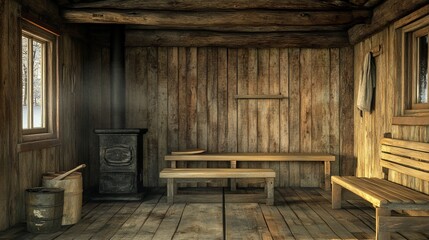 A traditional Finnish sauna with wooden walls, benches, and a hot stove, rustic and authentic, ultra-detailed, 4k
