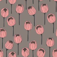 Spring colorful vector illustration with tulips. Cartoon style. Simple minimalistic pattern with nature elements. Vector illustration for fabric, textile, poster, invitation.