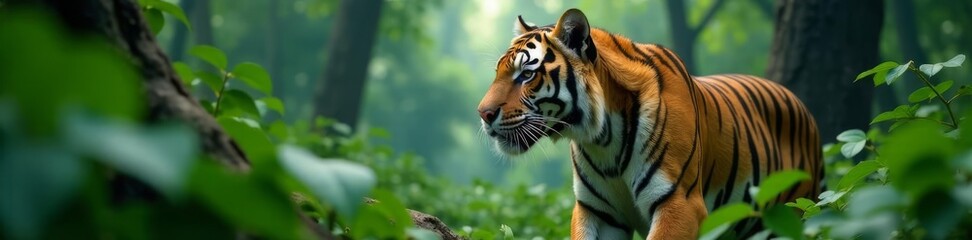 Fototapeta premium Camouflaged tiger, lush jungle background, sharp detail, powerful, day, closeup