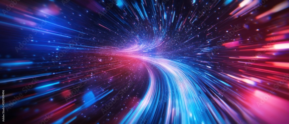 Poster abstract hyper speed space travel with light trails in blue and red, concept of data stream, future 