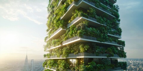 Innovative eco-tower, plants covering the entire exterior