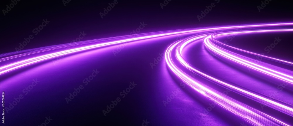 Poster abstract purple neon light trails on dark background, creating a futuristic and dynamic effect conce