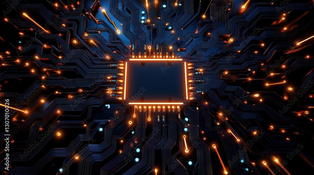 Poster a vibrant, futuristic circuit board with glowing lights surrounding a central microchip, representin