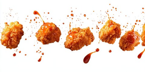 Juicy boneless fried chicken bites floating with BBQ sauce splashes on a bright white background