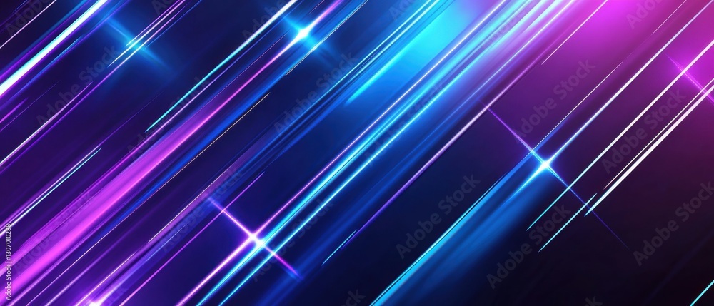 Poster abstract background with neon light streaks in blue and purple, creating a futuristic and dynamic mo