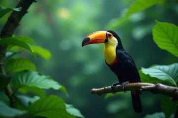 Fototapeta premium Rain-slicked toucan perched, lush green rainforest, downpour , tropical, wildlife