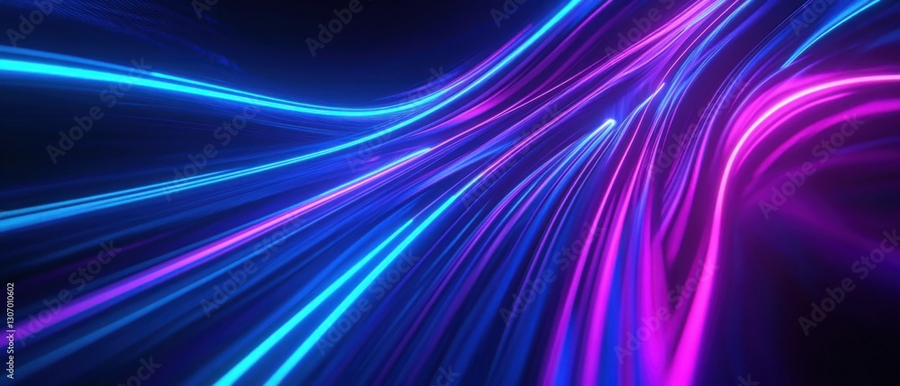 Poster abstract neon light trails in blue and magenta, creating a dynamic and futuristic background for tec