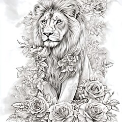 Obraz premium Majestic Lion Portrait Amidst Blooming Roses Elegant Black and White Wildlife Art