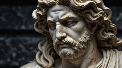 An ancient Greek style marble statue with glowing molten gold