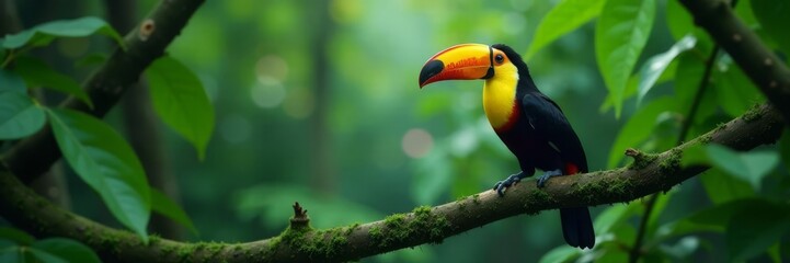 Obraz premium Vibrant toucan on mossy branch, rainforest rain , vibrant, rain, moss