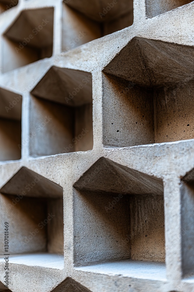 Poster a close-up view of a textured concrete wall featuring geometric patterns of recessed blocks, showcas