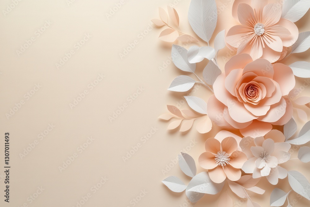 Poster elegant paper art background featuring soft pastel flowers and leaves with smooth layers generative 