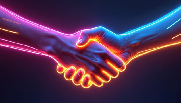 Two hands handshake with neon glowing lines. Partnership, connection concept. Futuristic, cyber design with vibrant pink, blue, orange colours on dark gradient background. Modern handshake in tech