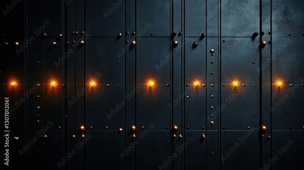 Poster a dark, industrial wall with several illuminated buttons, creating a moody atmosphere and a sense of