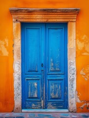 Ancient Door with Bright Blue Paint Against Orange Wall
