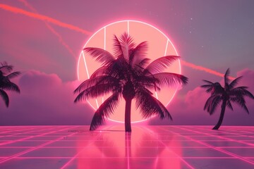 Naklejka premium Neon Palm Silhouette Against a Sunset and Pink Sky Background