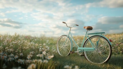 Obraz premium A vintage bicycle parked near a field of wildflowers, whimsical and peaceful, ultra-detailed, 4k