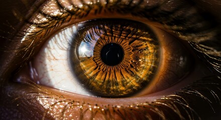 Close-up of Human Eye with Reflective, Light Brown Iris